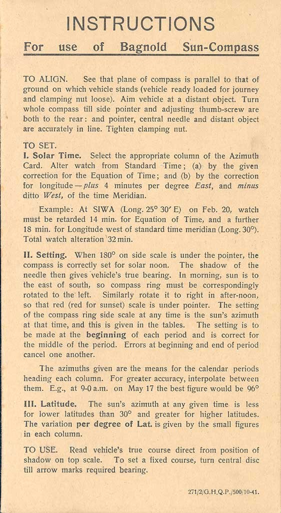 Printed instructions for use of the Bagnold Sun-Compass, 1941