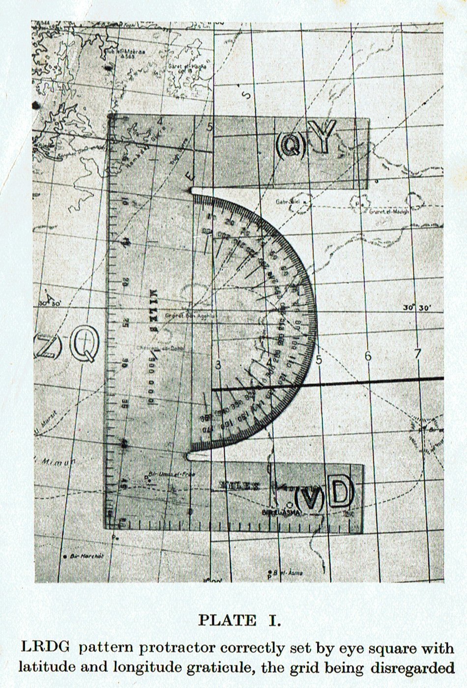 An LRDG-pattern protractor set square with a map's latitude and longitude graticule