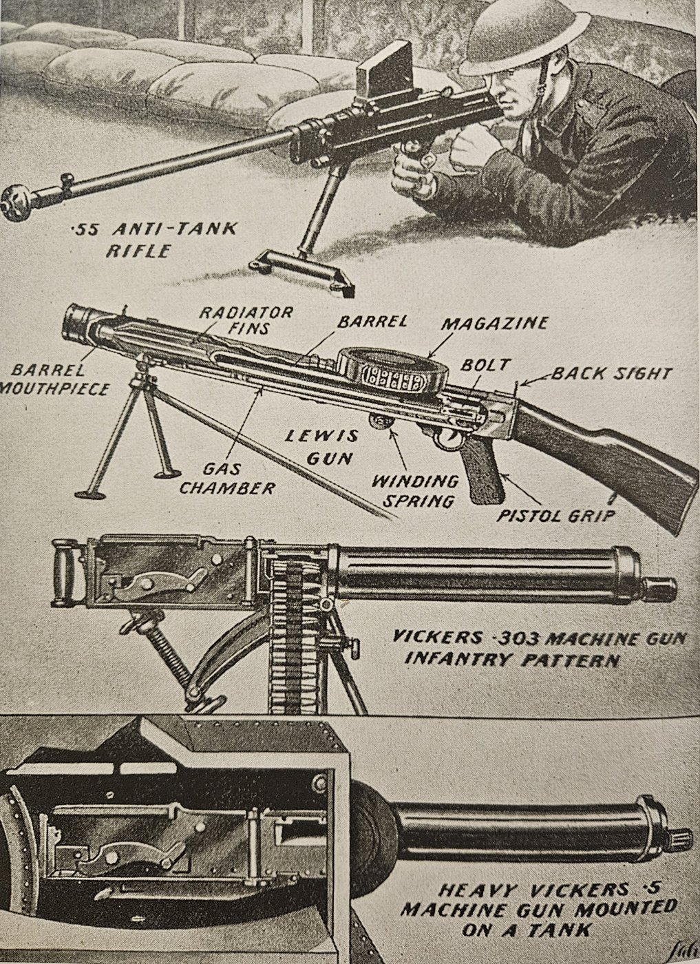 A wartime weapons-recognition plate showing the .55 anti-tank rifle, Lewis gun, Vickers .303 and heavy .5-inch Vickers