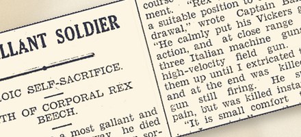 A 1941 newspaper report headed &ldquo;A Gallant Soldier &mdash; Heroic Self-Sacrifice &mdash; Death of Corporal Rex Beech&rdquo;, set in two columns.