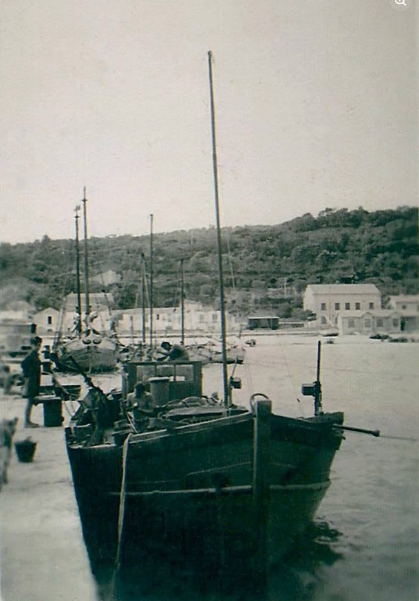 A small armed vessel moored bow-on to a quay in a wooded bay, a gun mounted aft